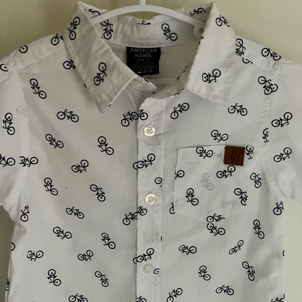 American Hawk White Bicycle Print Button-Down Shirt 3T - Picture 4 of 5